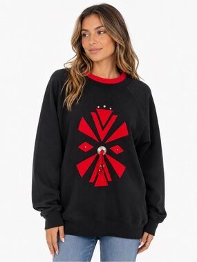 Vintage 80s 90s Hanes Western Concho tassle beaded Sweatshirt Black Red Large
